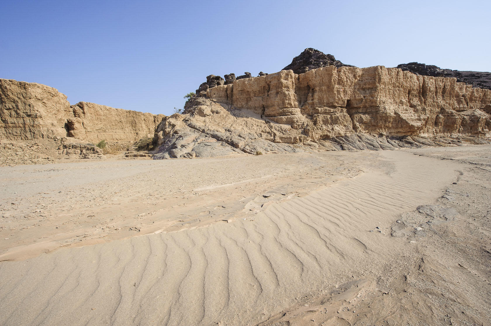 Desert landscape with rippled sand in the foreground and large tan rock cliffs under a clear blue sky.